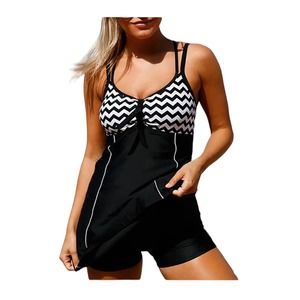Women’s Criss Cross Back Chevron Print Black One Piece Swim-dress XXL